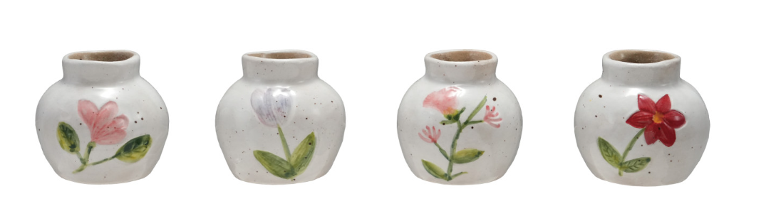 Hand-Painted Stoneware Vase with Flower, 4 Styles