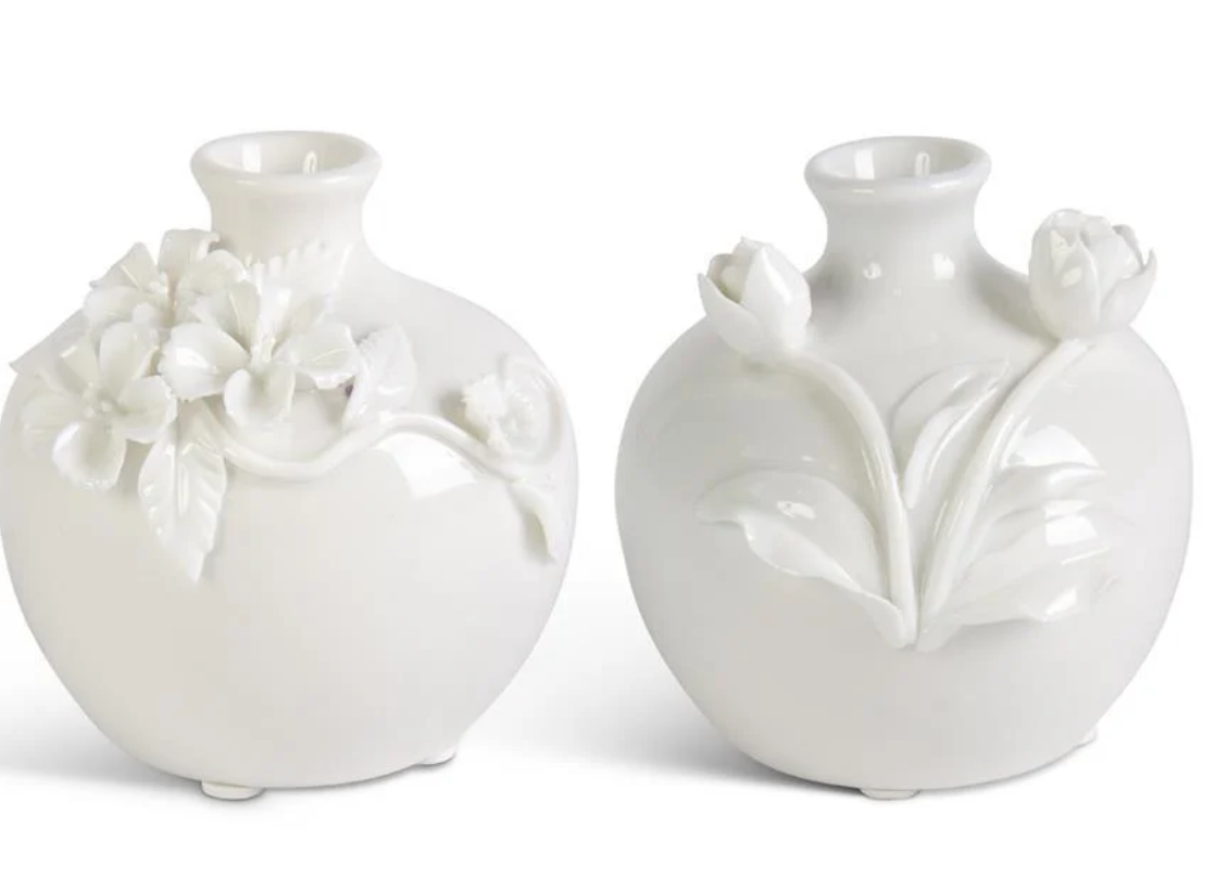 Assorted Short White Ceramic Vase w/ Raised Flowers