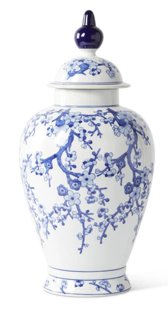 24 Inch Ceramic Blue & White Chinoiserie Lidded Ginger Jar