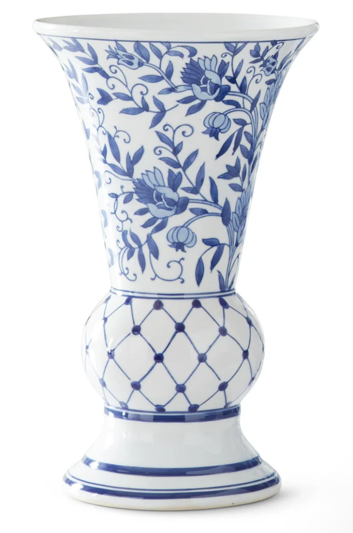 14 Inch Blue & White Fluted Chinoiserie Vase