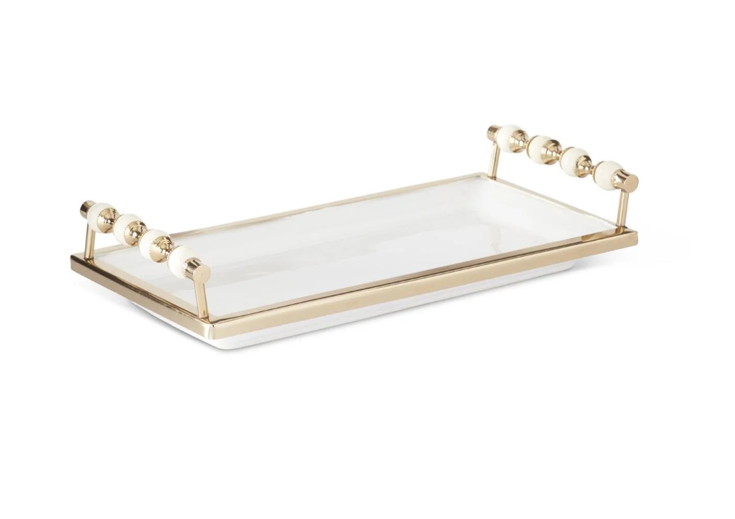 15.25 Inch Rectangular White Ceramic Tray w/Brass Rim & Powder Coated St