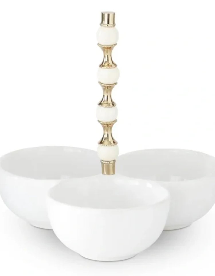 9 Inch White Ceramic 3 Condiment Server with Powder Coated Steel Ball