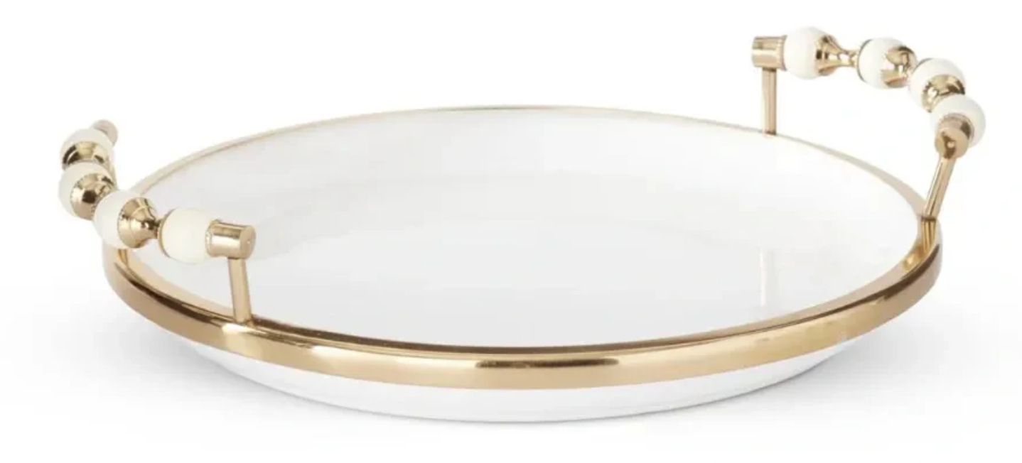 14.75 Inch White Ceramic Tray with Brass Rim & Powder Coated Steel Ball