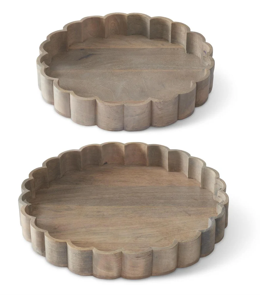 Whitewashed Round Wood Scalloped Edge Nesting Trays Large