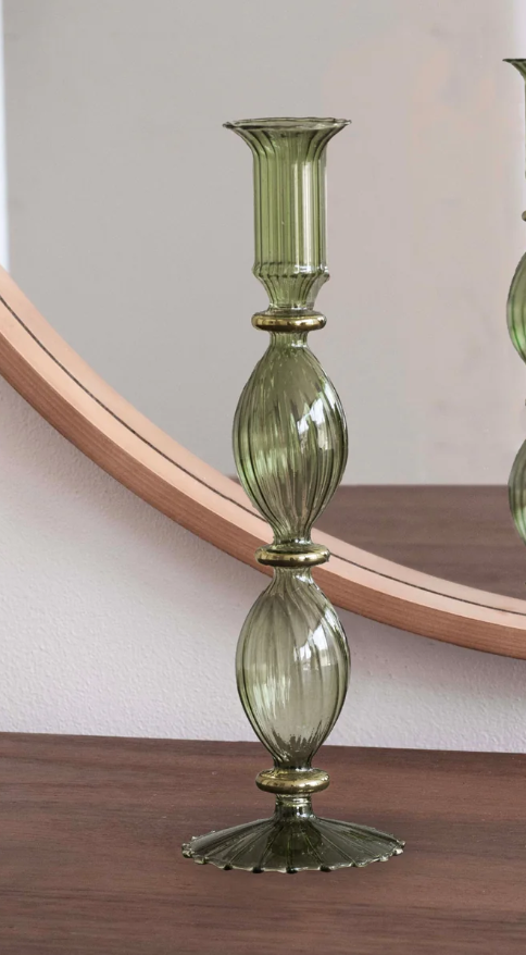 GLASS Cambridge Beryl 10" Candlestick Holder (Green and Gold)