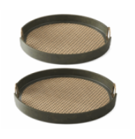 Green Leather & Cane Trays w/Stirrup Handles Large