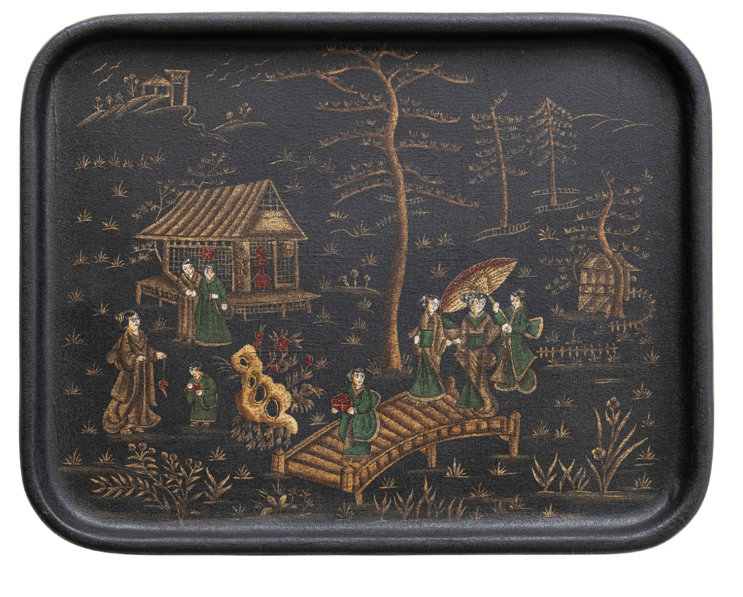 Decorative Hand-Painted Metal Tray with Chinoiserie