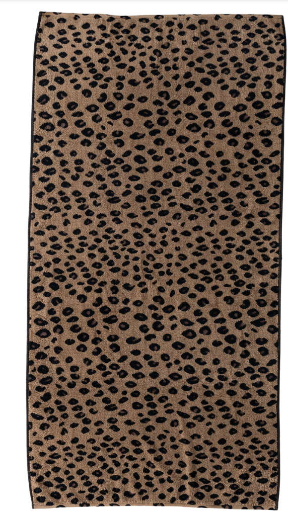 Woven Cotton Terry Bath Towel with Leopard Print Pattern & Loop, Brown & Black