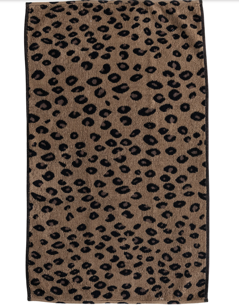 Woven Cotton Terry Hand Towel with Leopard Print Pattern & Loop, Brown & Black