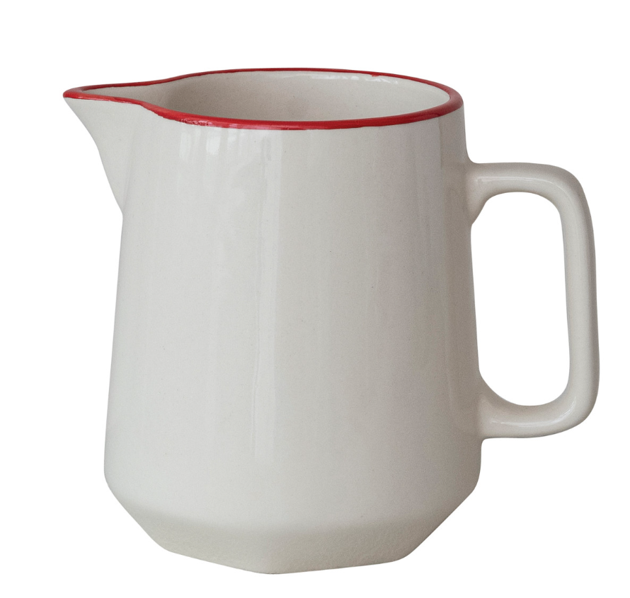 7"L x 5"W x 6"H 32 oz. Stoneware Pitcher with Red Rim, Cream Color