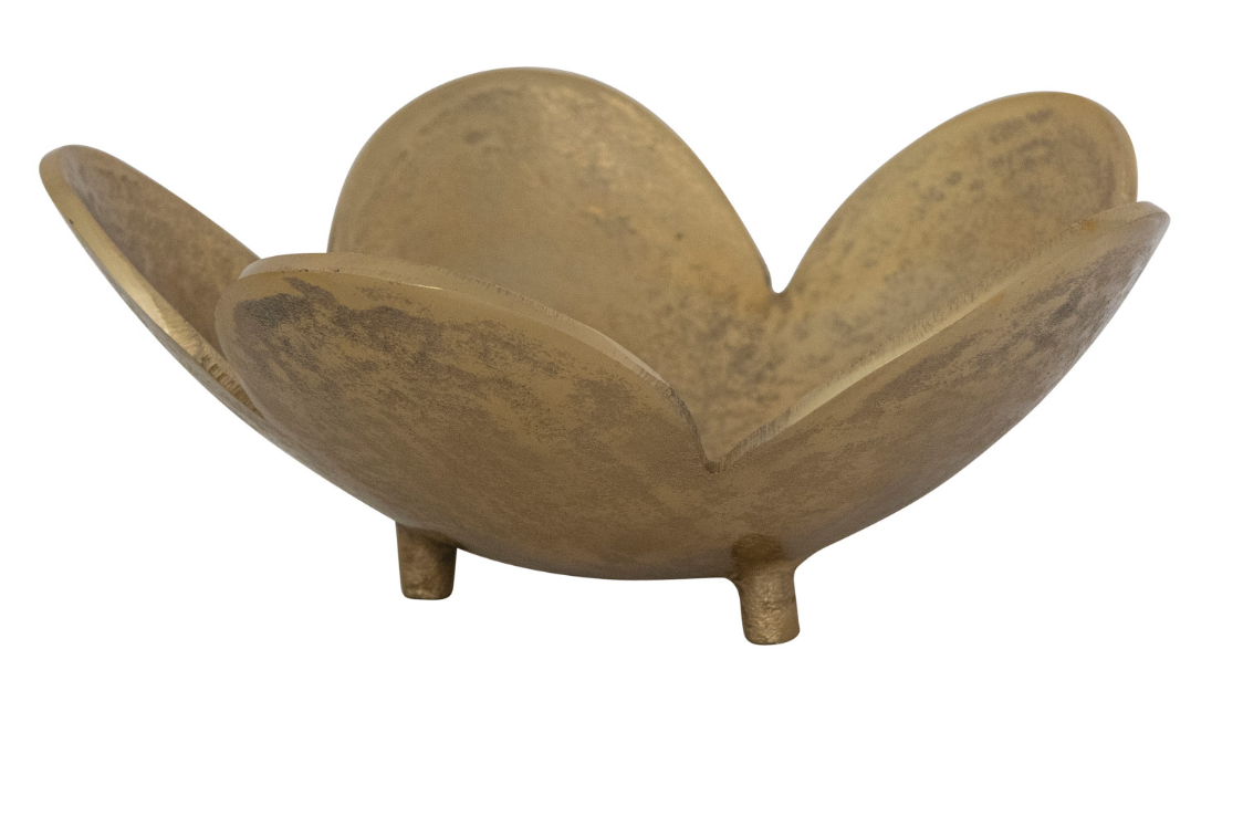 Cast Aluminum Footed Flower Shaped Bowl, Gold Finish