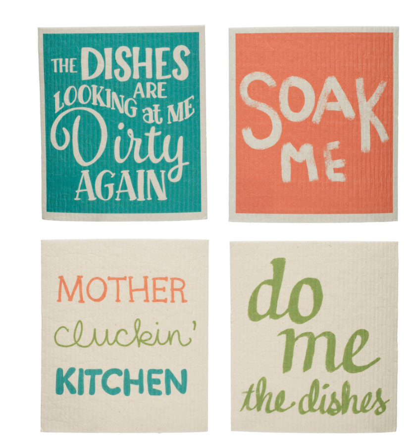 Reusable Cellulose Sponge Cloth w/ Saying, Multi Color, 4 Styles