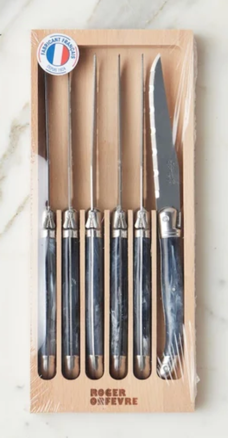 The Original French Laguiole Steak Knives, Set of 6, Wood Drawer Box, Marbled Black