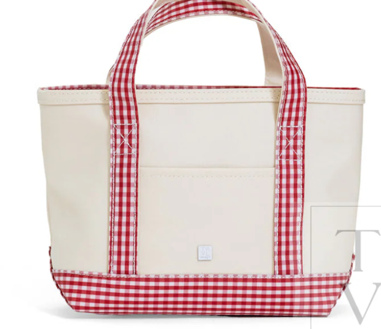 MINI TOTE - COATED CANVAS NATURAL With GINGHAM RED TRIM