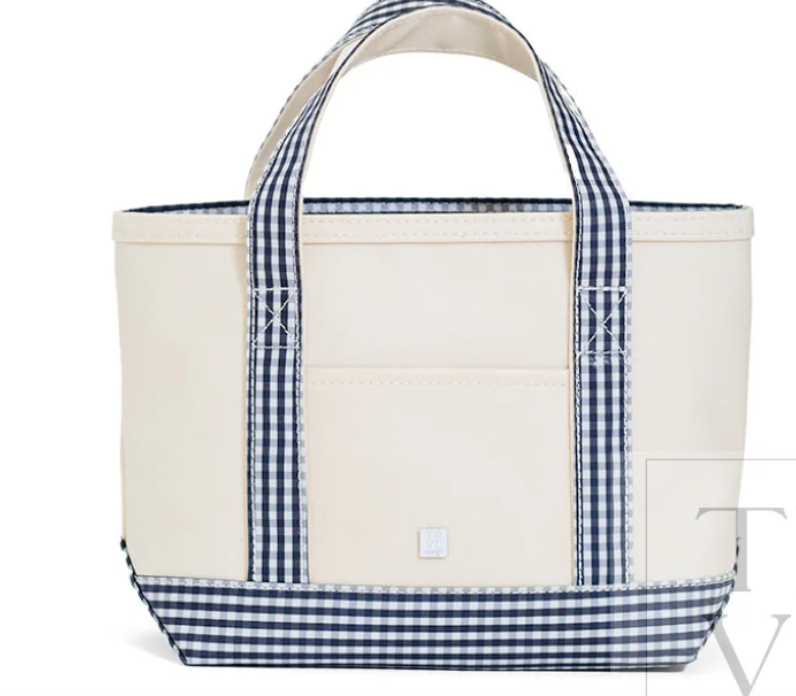 MINI TOTE - COATED CANVAS NATURAL With GINGHAM NAVY TRIM