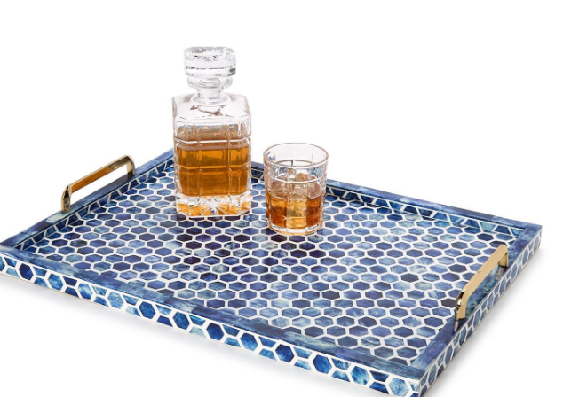 Blue/Wht Inlaid Decorative Rectangle Serving Tray