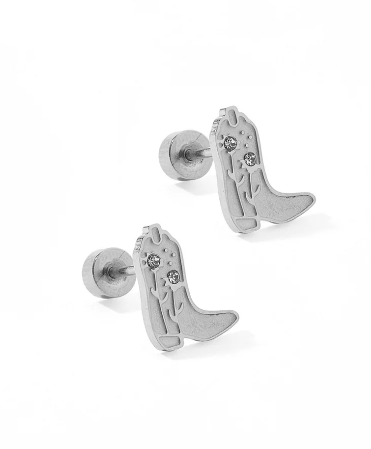 Screwback Stud Earrings - Daisy Cowgirl Boot Silver