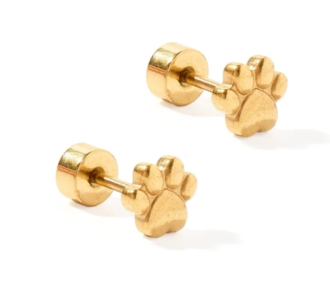 Screwback Stud Earrings - Paw Print Gold