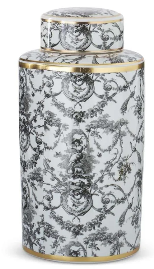 Black, White, & Gold Ceramic Swinging Lady Ginger Jar - Large