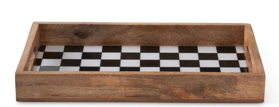 Black & White Check Enameled Rectangular Wood Nesting Tray - Small