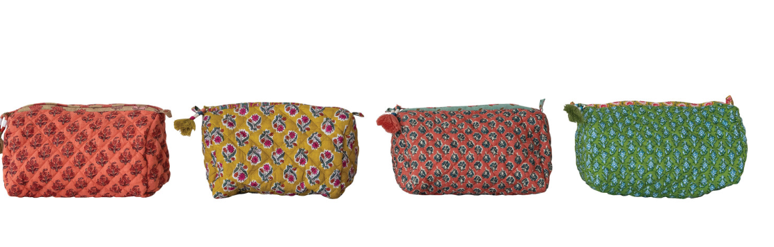 Quilted Cotton Voile Zip Pouch with Pockets, 4 Styles (Each One Will Vary)