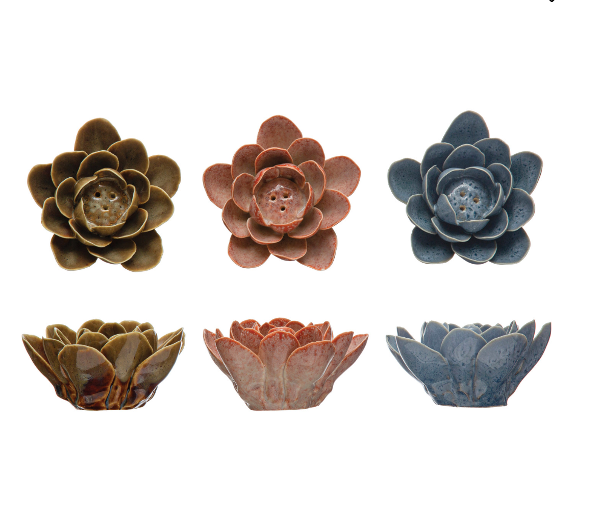 Handmade Stoneware Flower Incense Holder, Reactive Glaze, 3 Colors (Each One Will Vary)