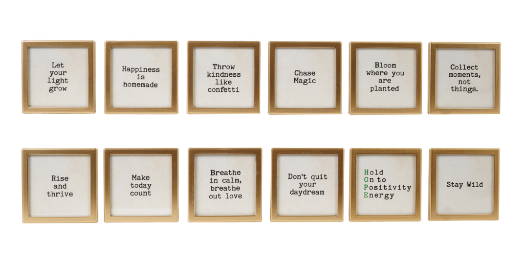 Metal & Glass Framed Magnet with Saying, Gold Finish, 12 Styles