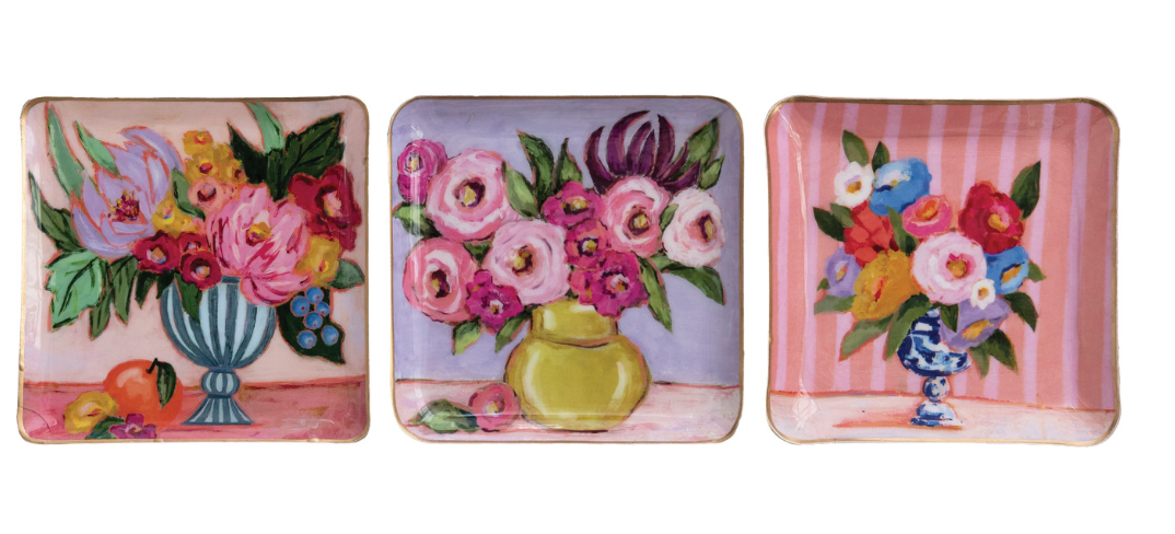 Enameled Metal Tray with Flowers in Vase & Gold Edges, 3 Styles