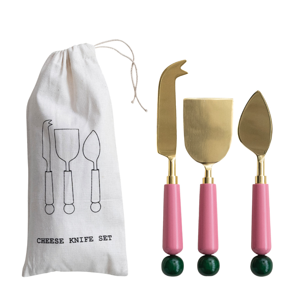 Stainless Steel Cheese Knives with Resin Handles, Gold Finish, Set of 3 in Drawstring Bag