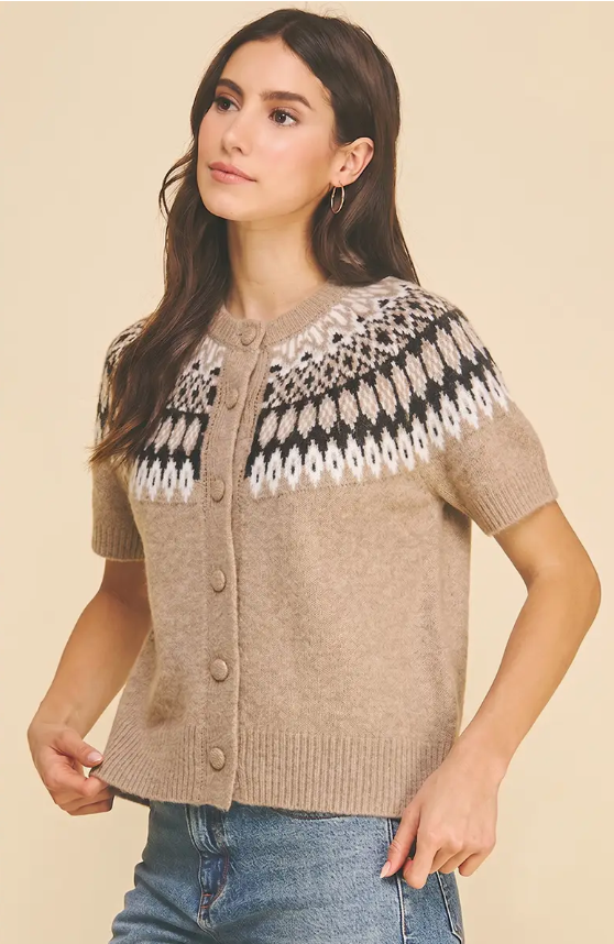 Nordic Short Sleeve Knit Cardigan - Taupe