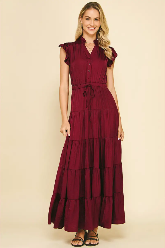 Satin Tiered Maxi Dress - Wine