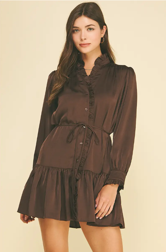 Satin Ruffled Tiered Mini Dress - Espresso