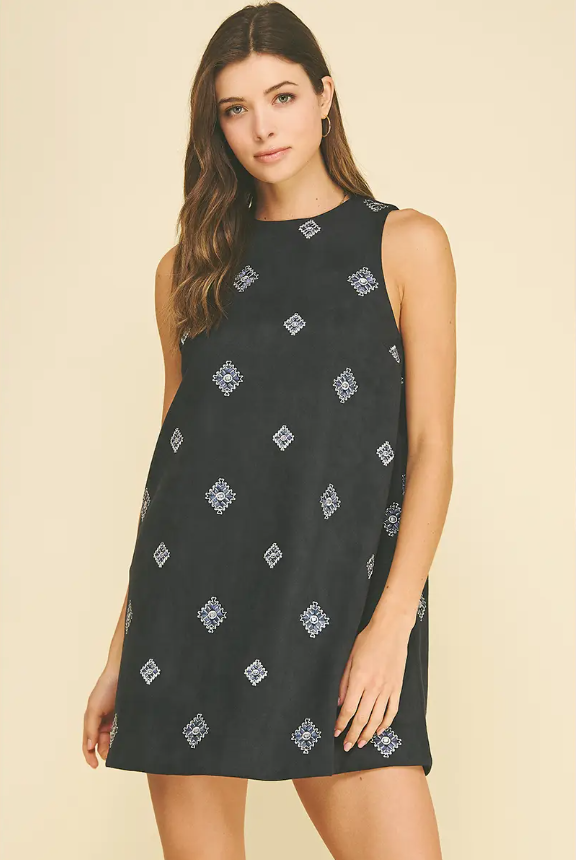 Embroidered Suede A-Line Mini Dress - Dark Navy