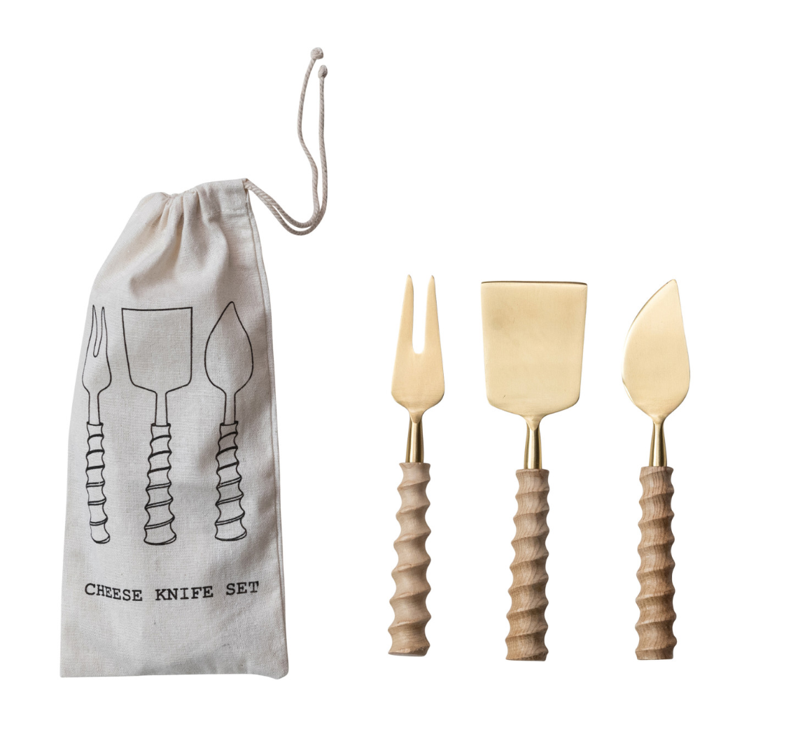 Cheese Knives with Carved Handles, Set of 3 in Drawstring Bag