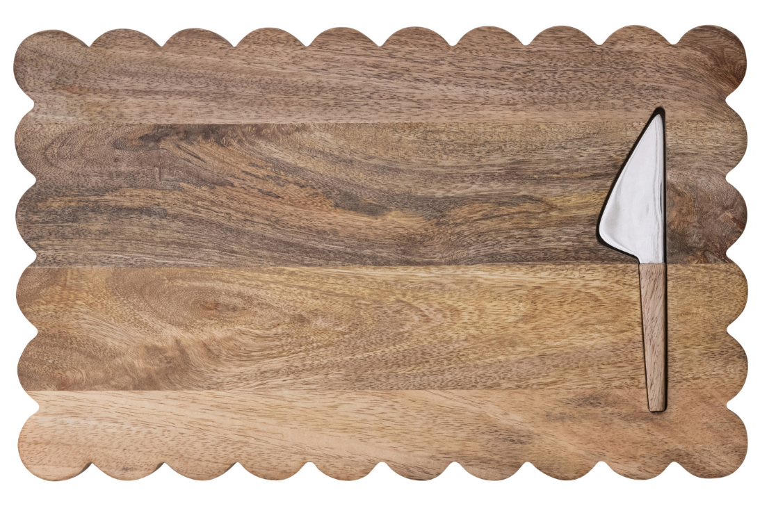 Mango Wood Scalloped Cheese/Serving Board w/ Stainless Steel Cheese Knife, Set of 2