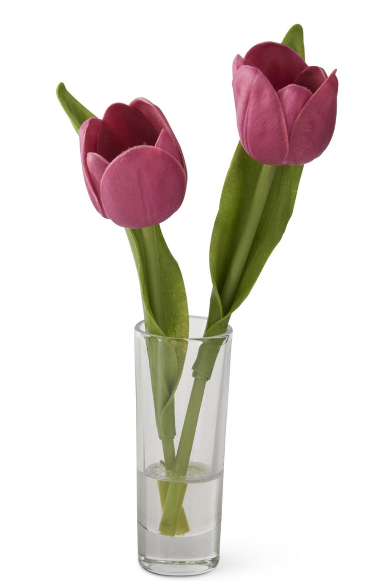 8.5 Inch Fuchsia Real Touch Tulip Premade in Glass Vase (2 Stems)