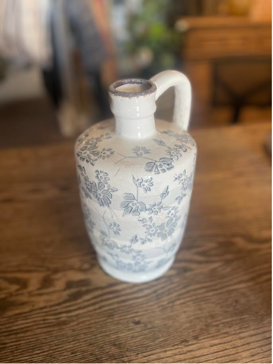 10.5 Inch White and Grey Floral Vase
