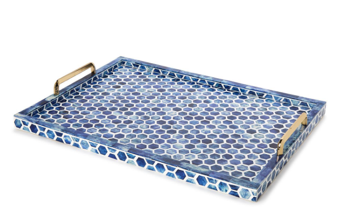 Blue/Wht Inlaid Decorative Rectangle Serving Tray
