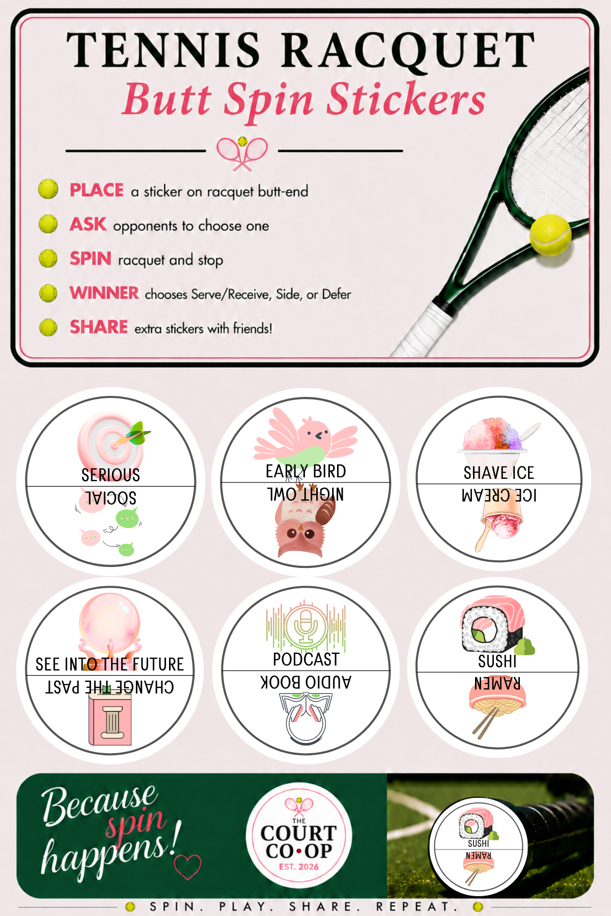 Sushi Tennis Racquet Spin Stickers - The Court Co-Op