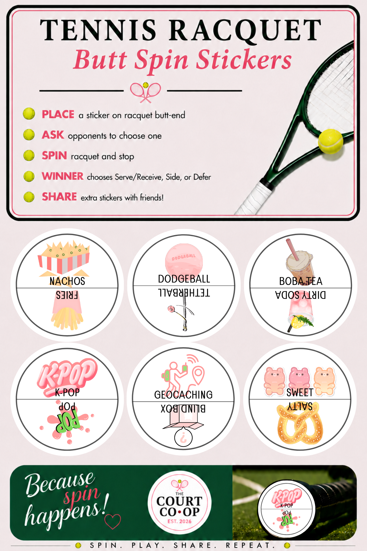 The Court Co-Op - Kids Tennis Racquet Spin Stickers