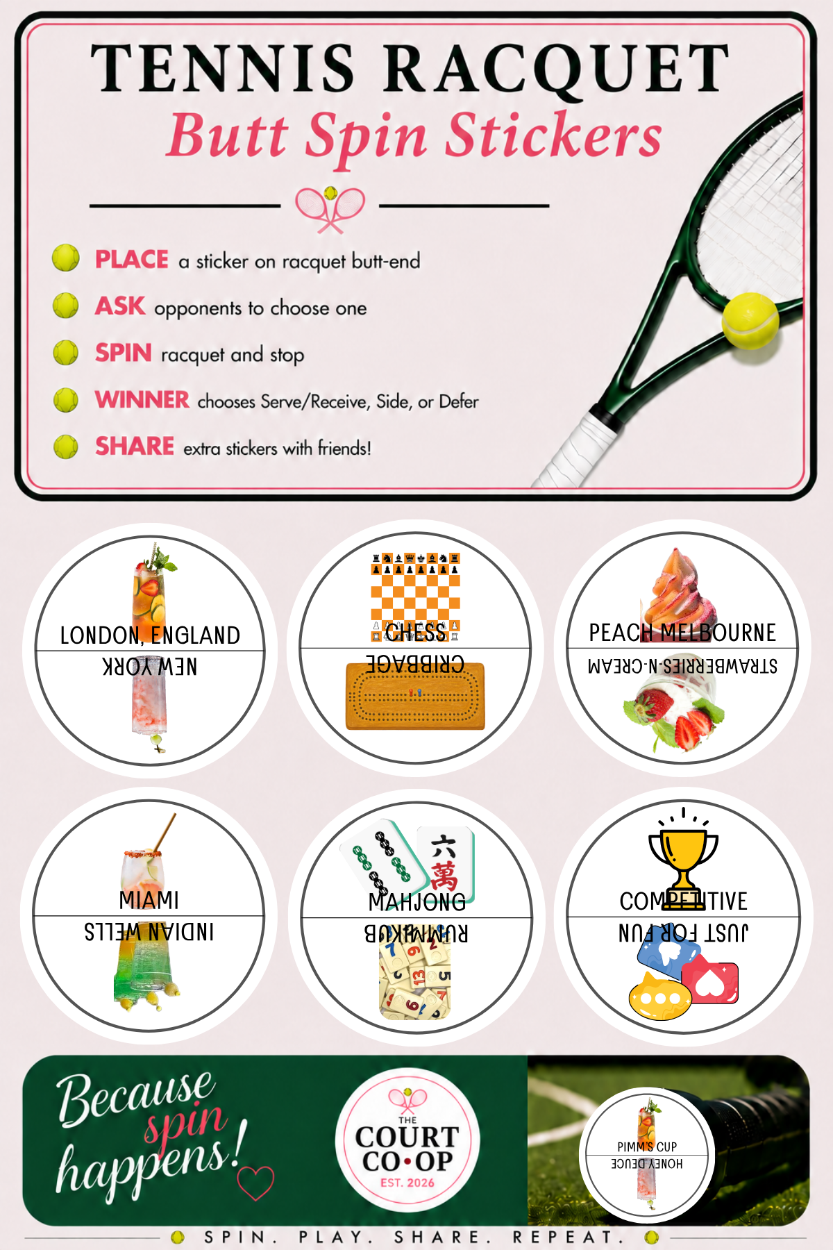 Games Tennis Racquet Spin Stickers -The Court Co-Op