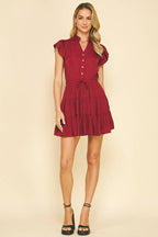 BUTTON DOWN TIERED MINI DRESS -  BERRY