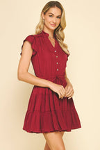 BUTTON DOWN TIERED MINI DRESS -  BERRY