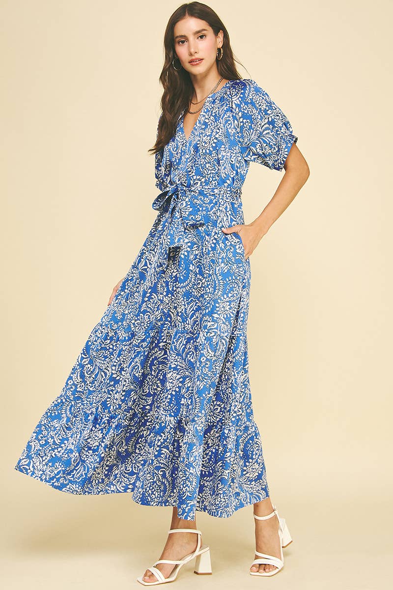 DAMASK PRINT TIERED MAXI DRESS MAGENTA