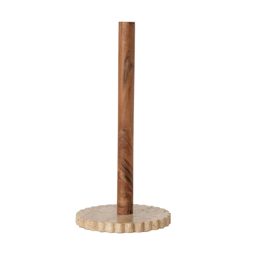 Acacia Wood Paper Towel Holder with Scalloped Travertine Base