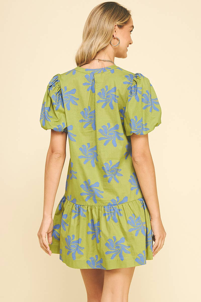 FLORAL PRINT MINI DRESS  AVOCADO BLUE