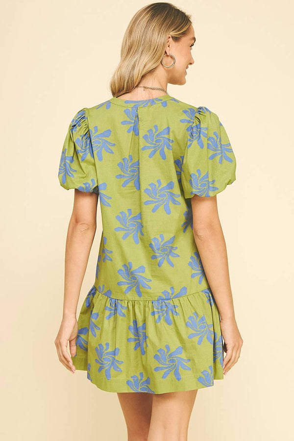 FLORAL PRINT MINI DRESS  AVOCADO BLUE