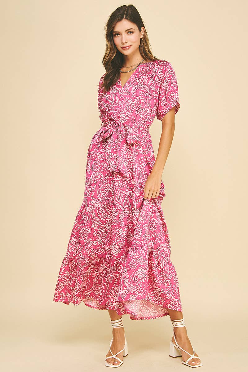DAMASK PRINT TIERED MAXI DRESS MAGENTA