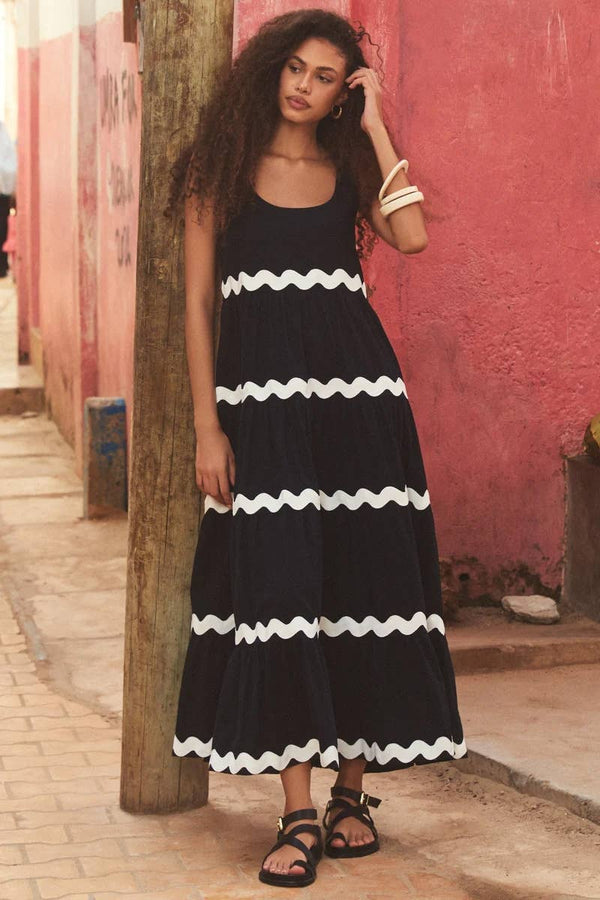Floral wave suspender maxi dress summer beach dress: S / White-wave
