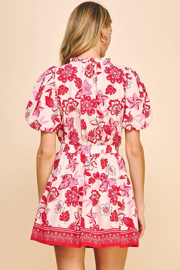FLORAL PRINT MINI DRESS - RED MULTI: L